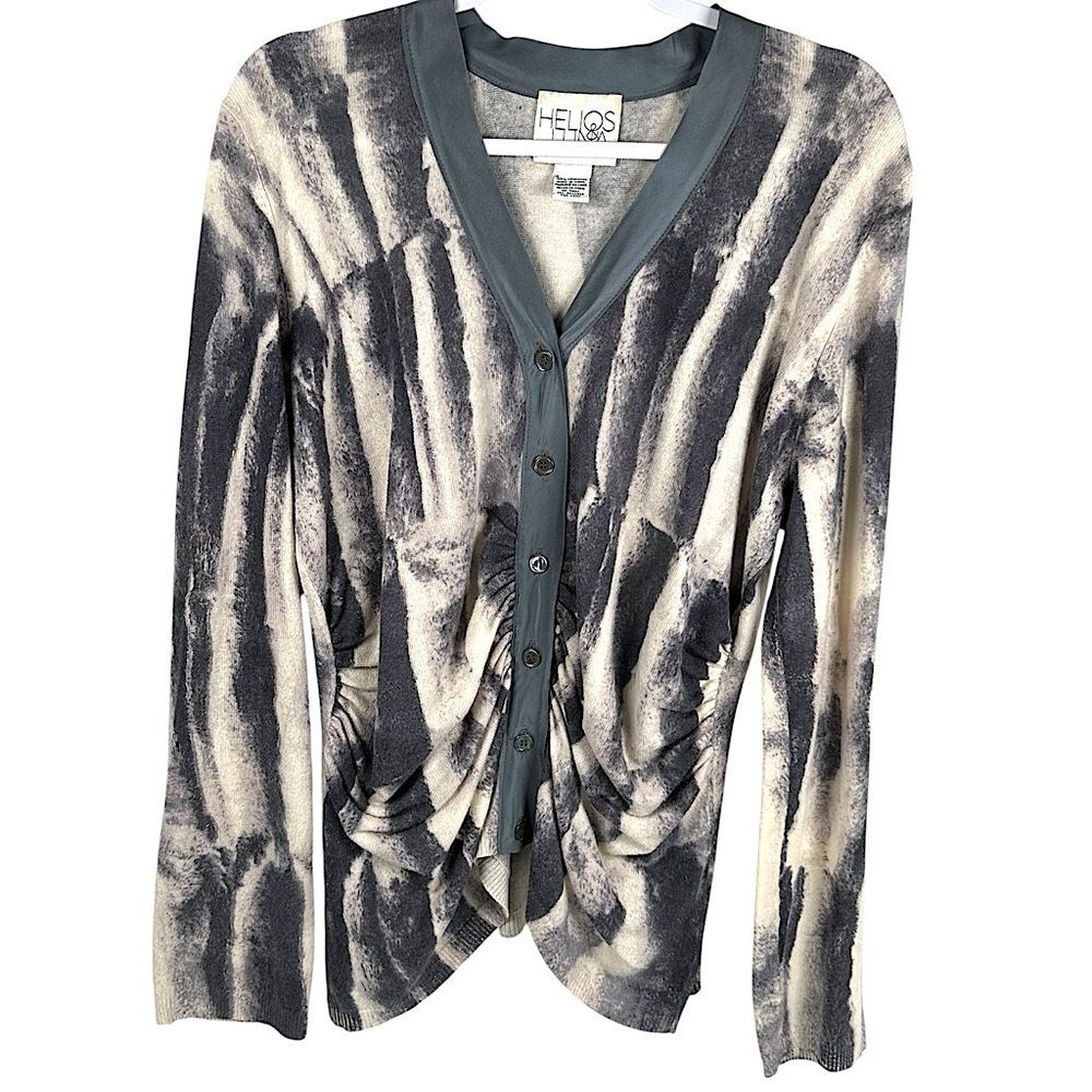Helios & Luna Cream Gray Abstract Button Front Cashmere Cardigan Sweater Size XL